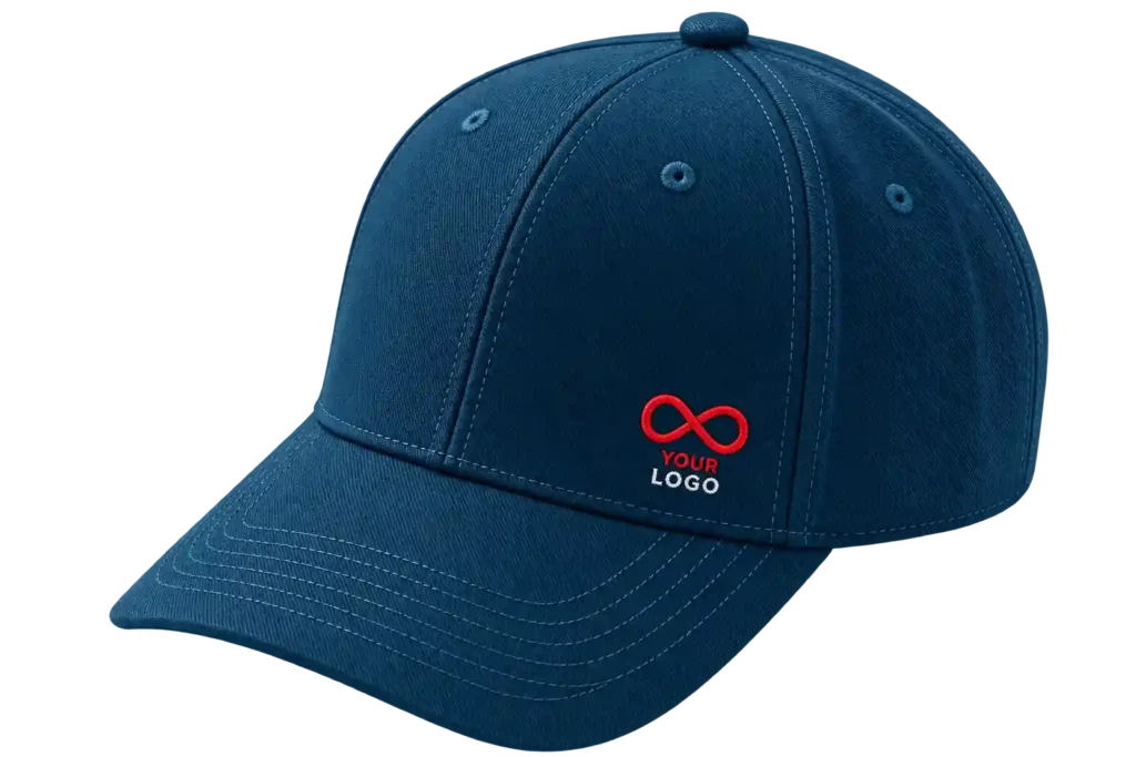 Navy blue cap with custom printed logo.