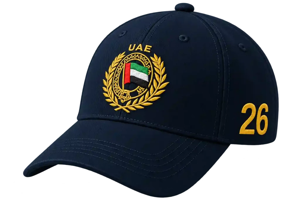 Navy cap with custom logo and number print.