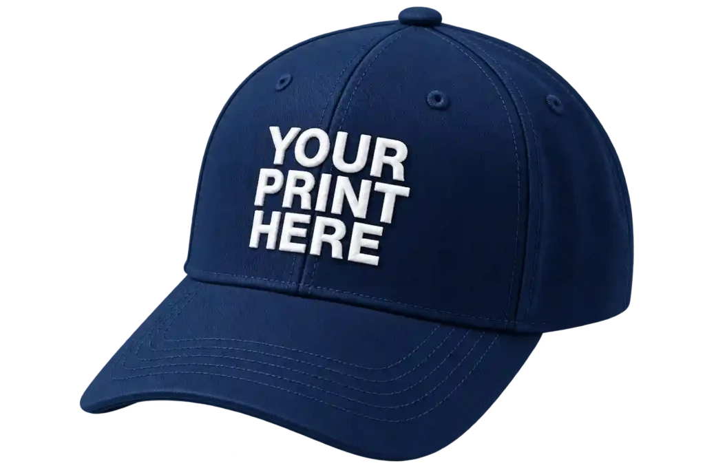 Navy cap with custom printed design.