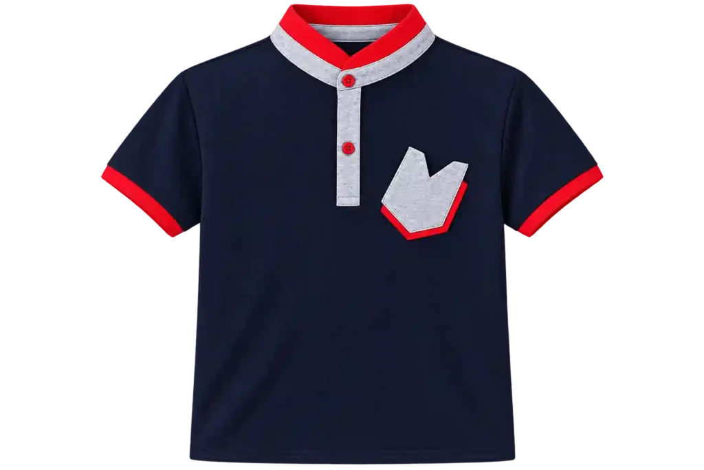 Navy blue kids polo shirt with red collar and red sleeve trim.