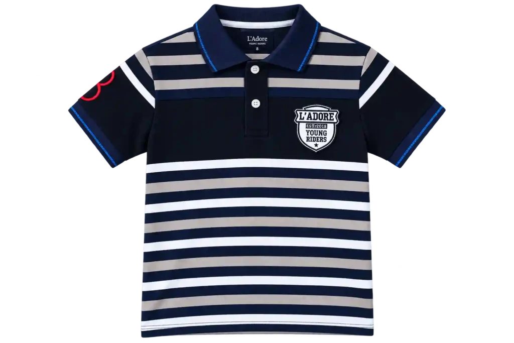 Navy blue kids polo shirt with horizontal white stripes.