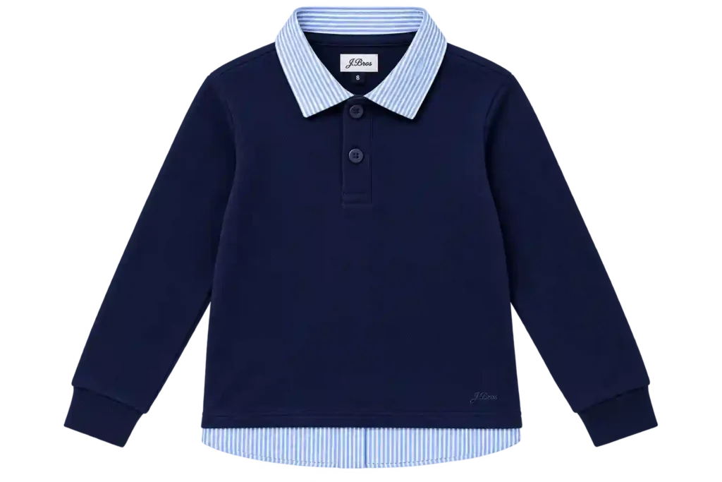 Navy blue kids polo shirt with contrasting white collar.