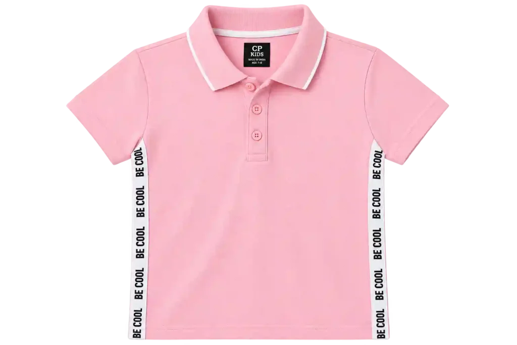 Pink girls polo shirt with contrasting side detailing.