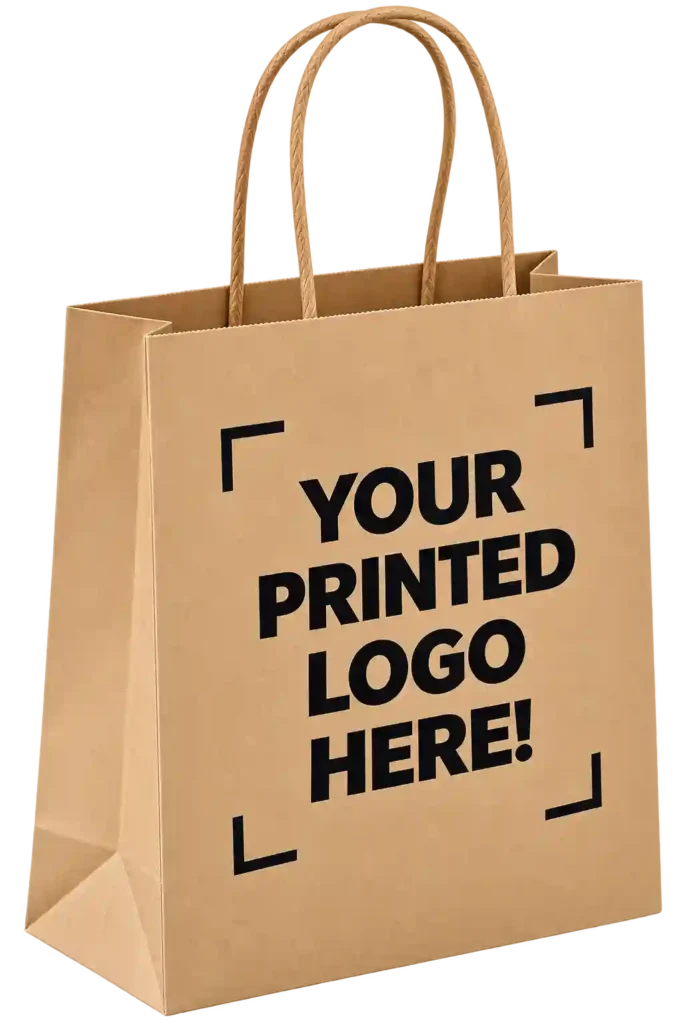 Natural canvas tote with printed business logo.