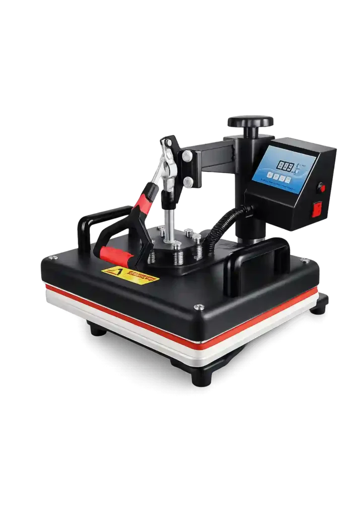 Professional heat press machine with digital temperature control for custom garment printing.