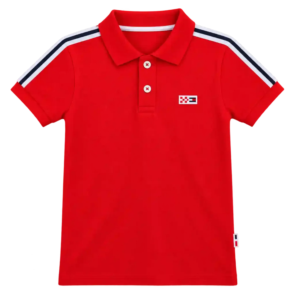 Red kids polo shirt with white sleeve and collar detailing.