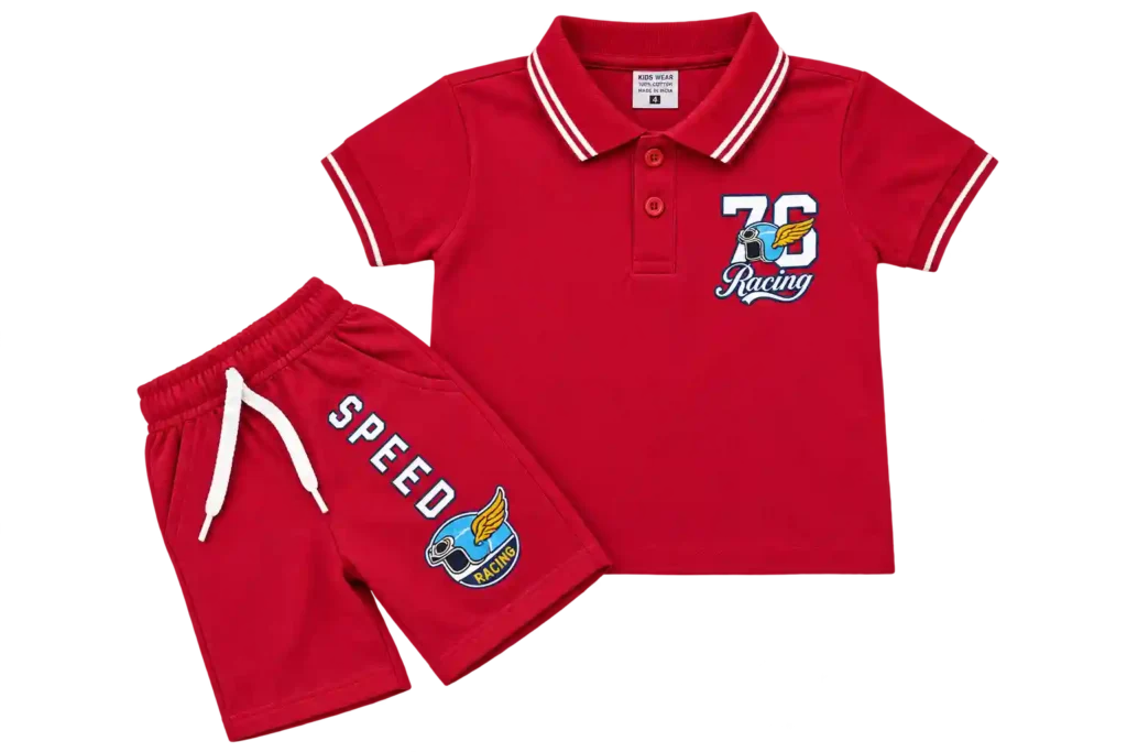 Red kids polo shirt with matching black and red shorts.