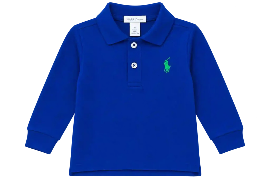 Royal blue long sleeve kids polo shirt with embroidered chest logo.