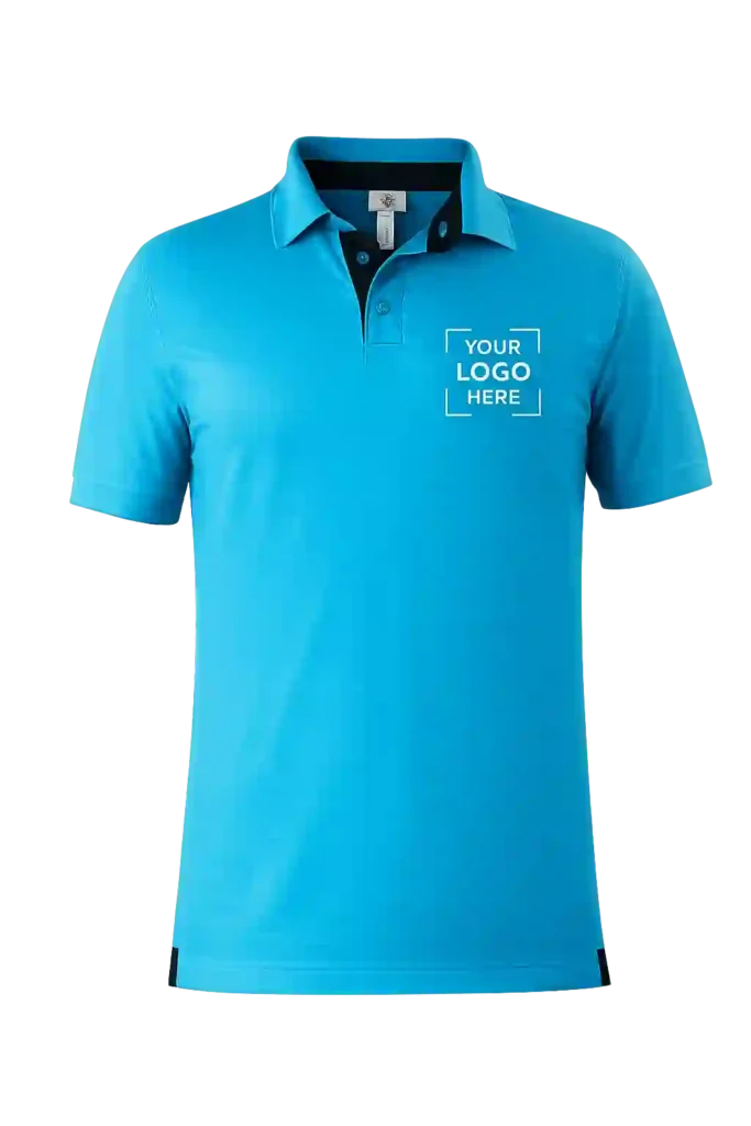 Sky blue corporate polo shirt with logo embroidery.