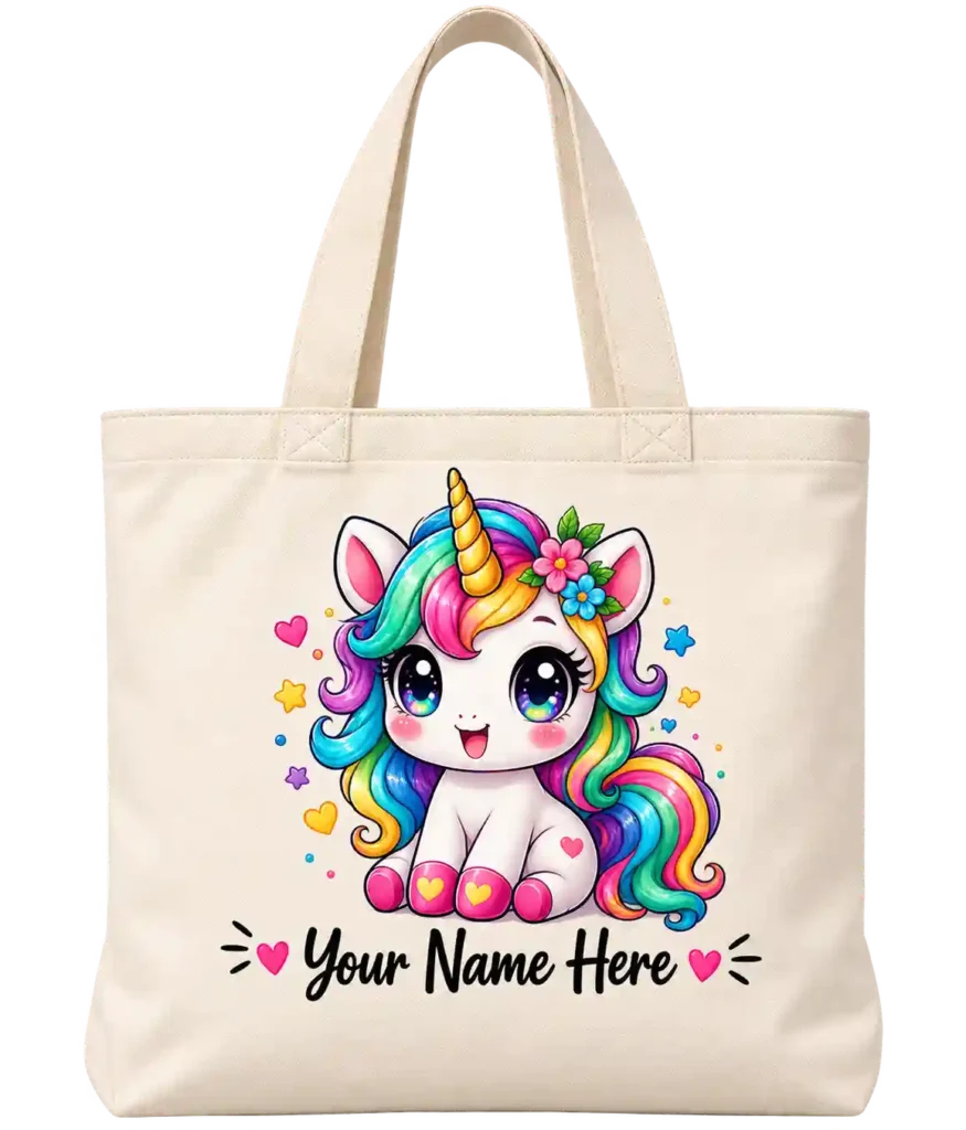 Colorful unicorn printed canvas tote bag.