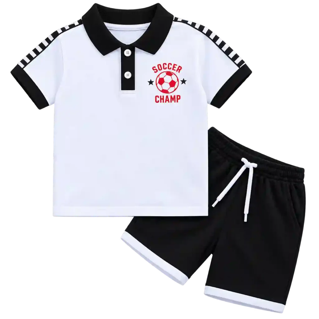 White kids polo shirt with black collar and matching shorts.