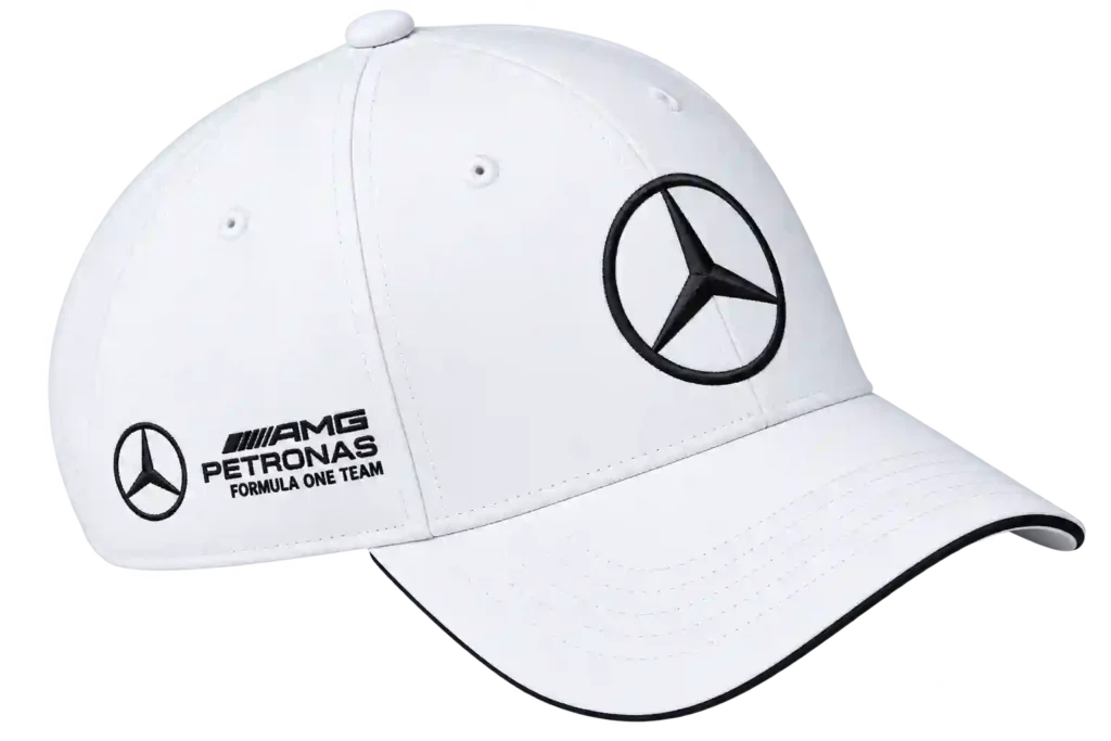 White sports cap with custom logo branding.