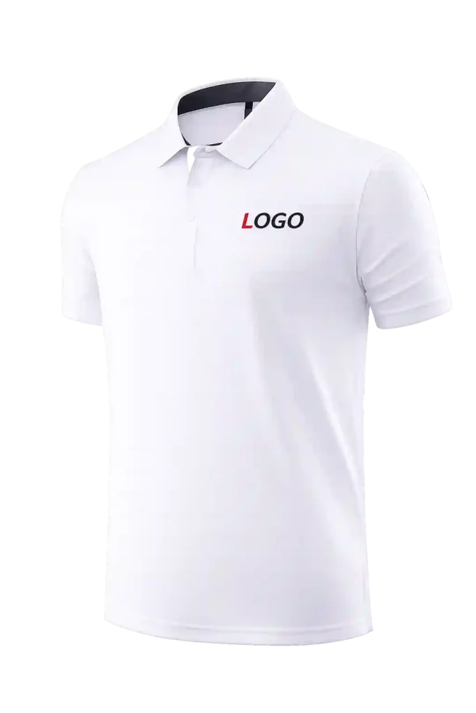 White company polo shirt with embroidered logo.