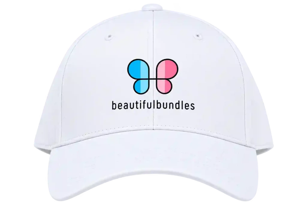 White corporate cap with printed company logo.