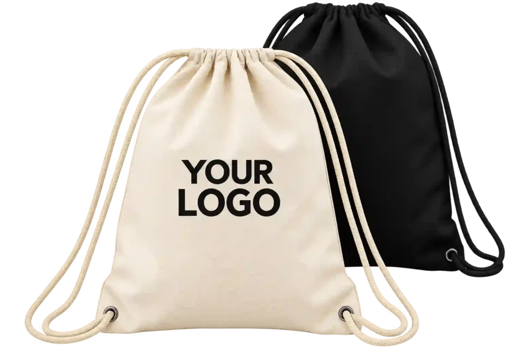 White drawstring bag with custom logo printing.