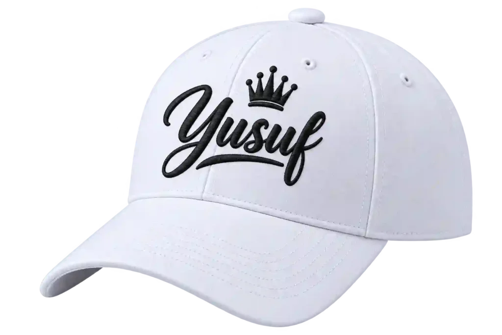 White personalised cap with custom name print.