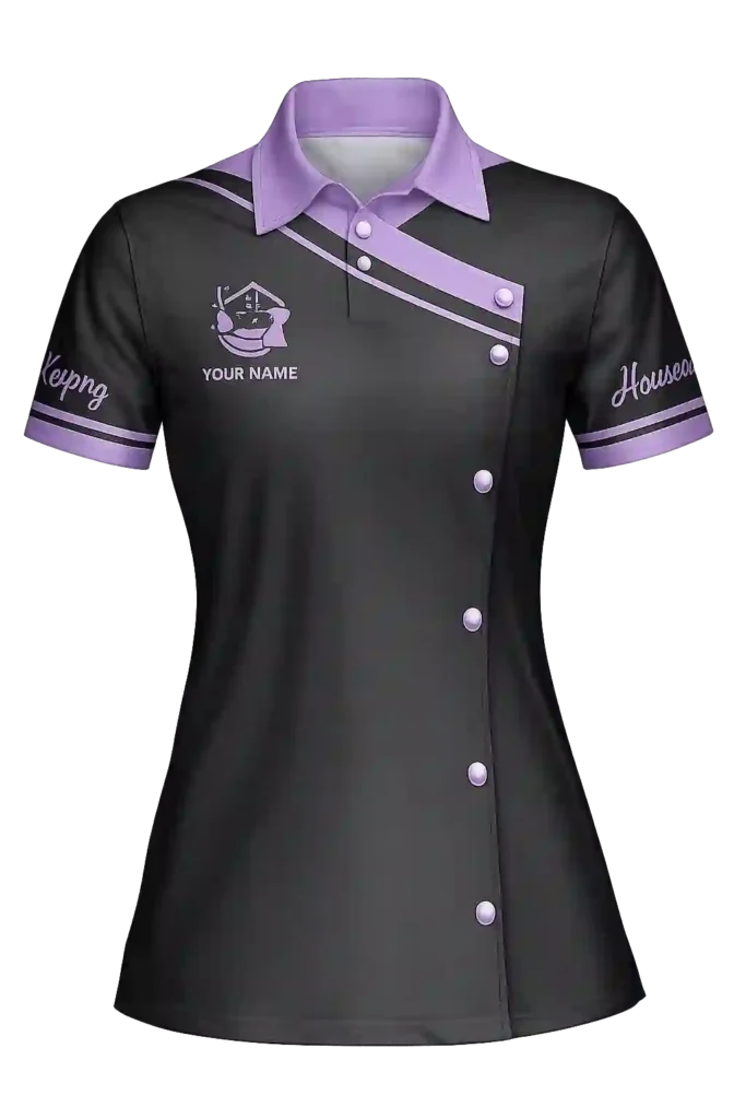 Women's grey polo uniform with embroidered logo.