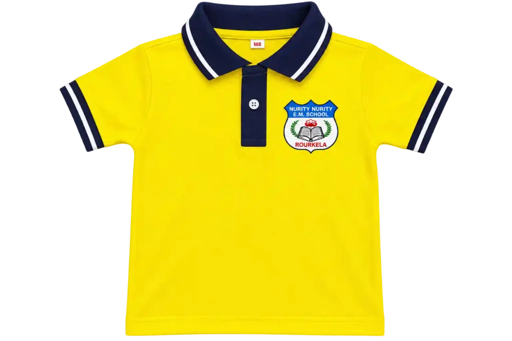 Yellow kids polo shirt with black collar and sleeve trim.