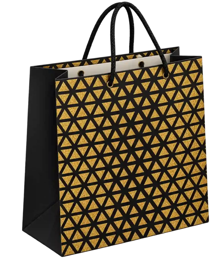 Black paper shopping bag with geometric pattern and rope handles.