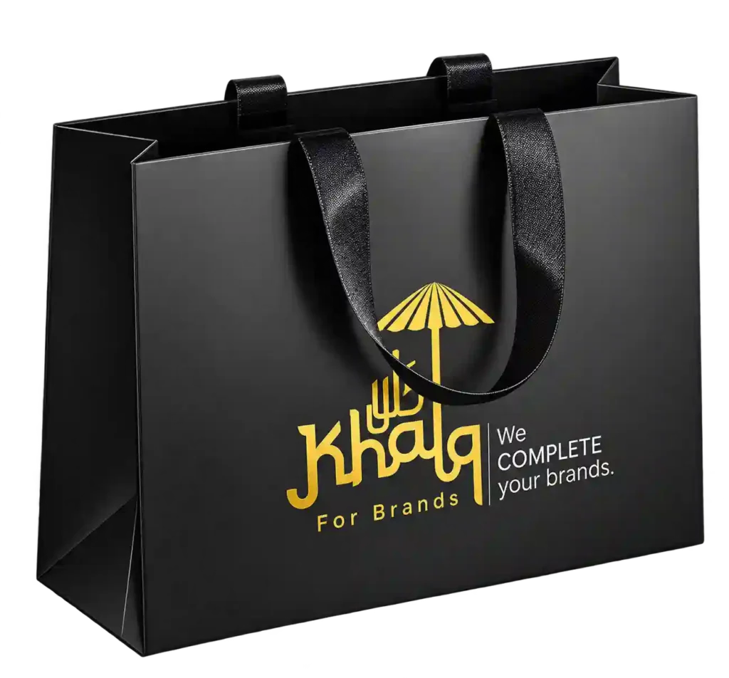 Black luxury branded paper bag for Handbag Printing Services in Riyadh.