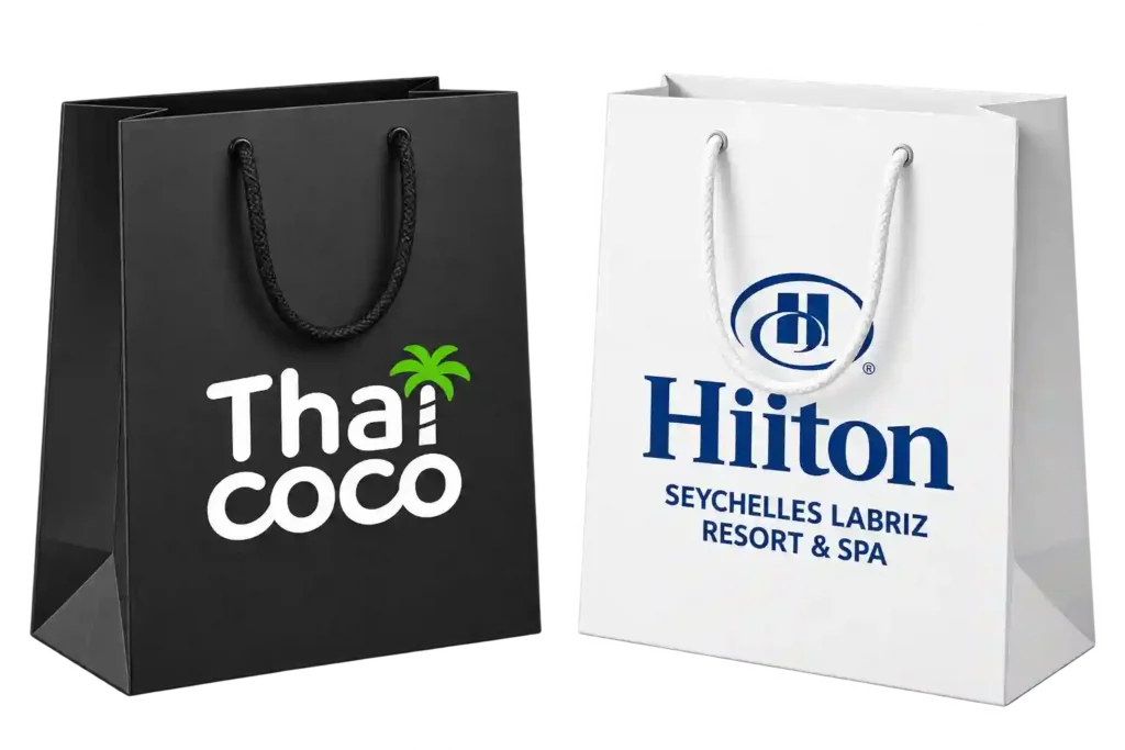 Black and white branded paper bags for Handbag Printing Services in Riyadh.