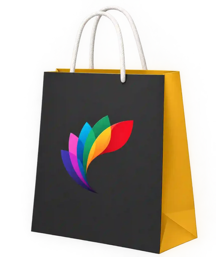 Black and yellow branded paper shopping bag.