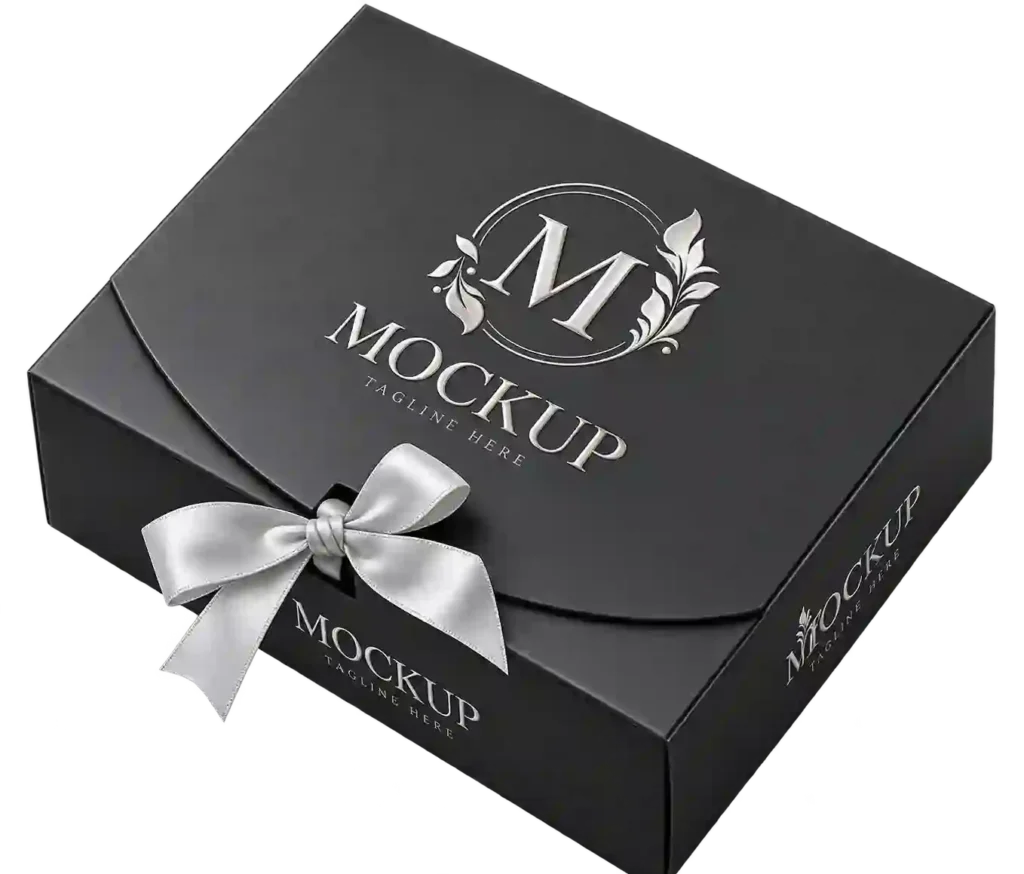 Black custom gift box with ribbon packaging.