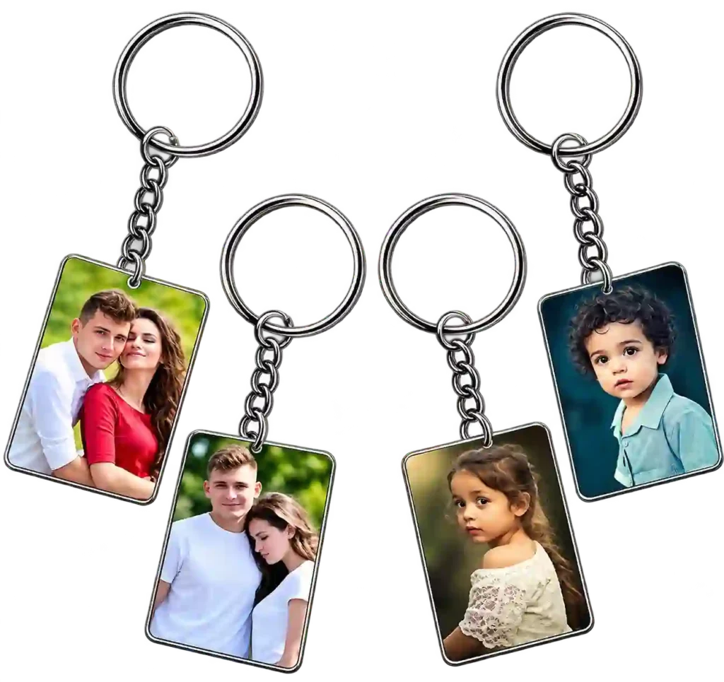 Personalized photo keychains with custom images.