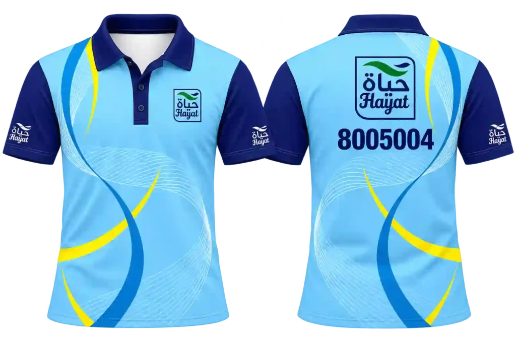 Custom printed sports polo shirt with colorful design.