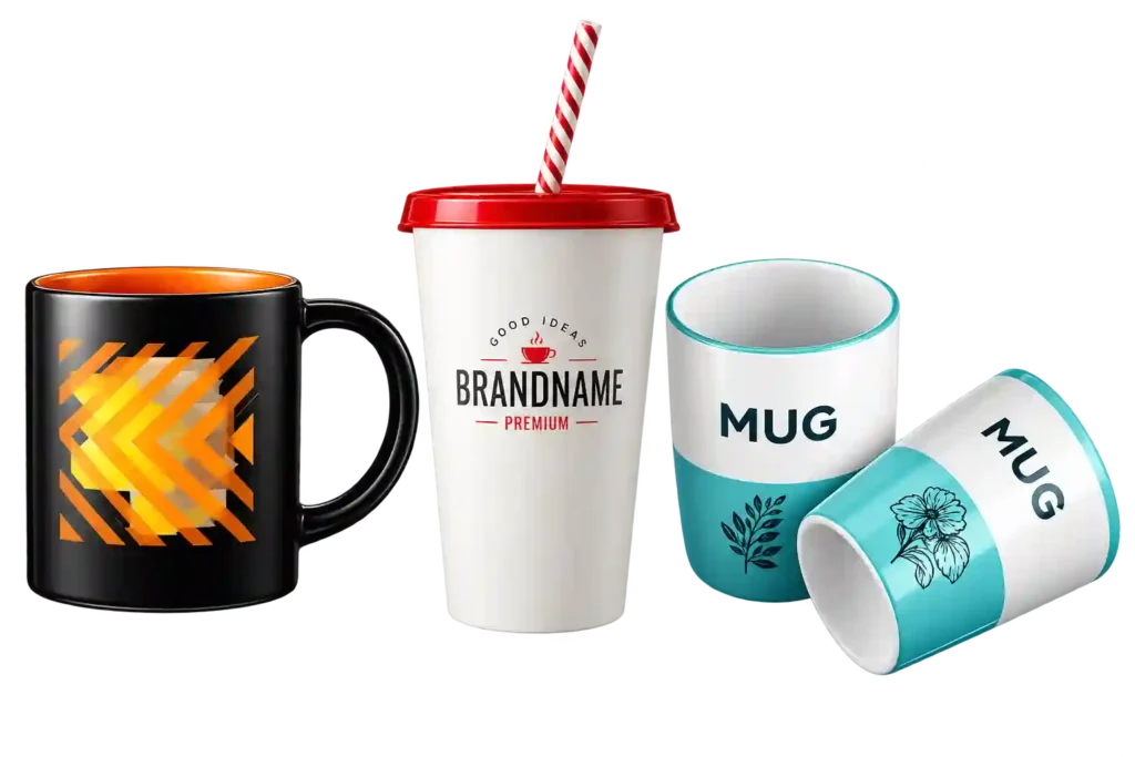 Custom printed mugs with colorful personalized designs.