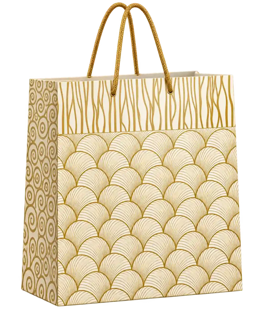 Gold patterned luxury paper shopping bag with rope handles.