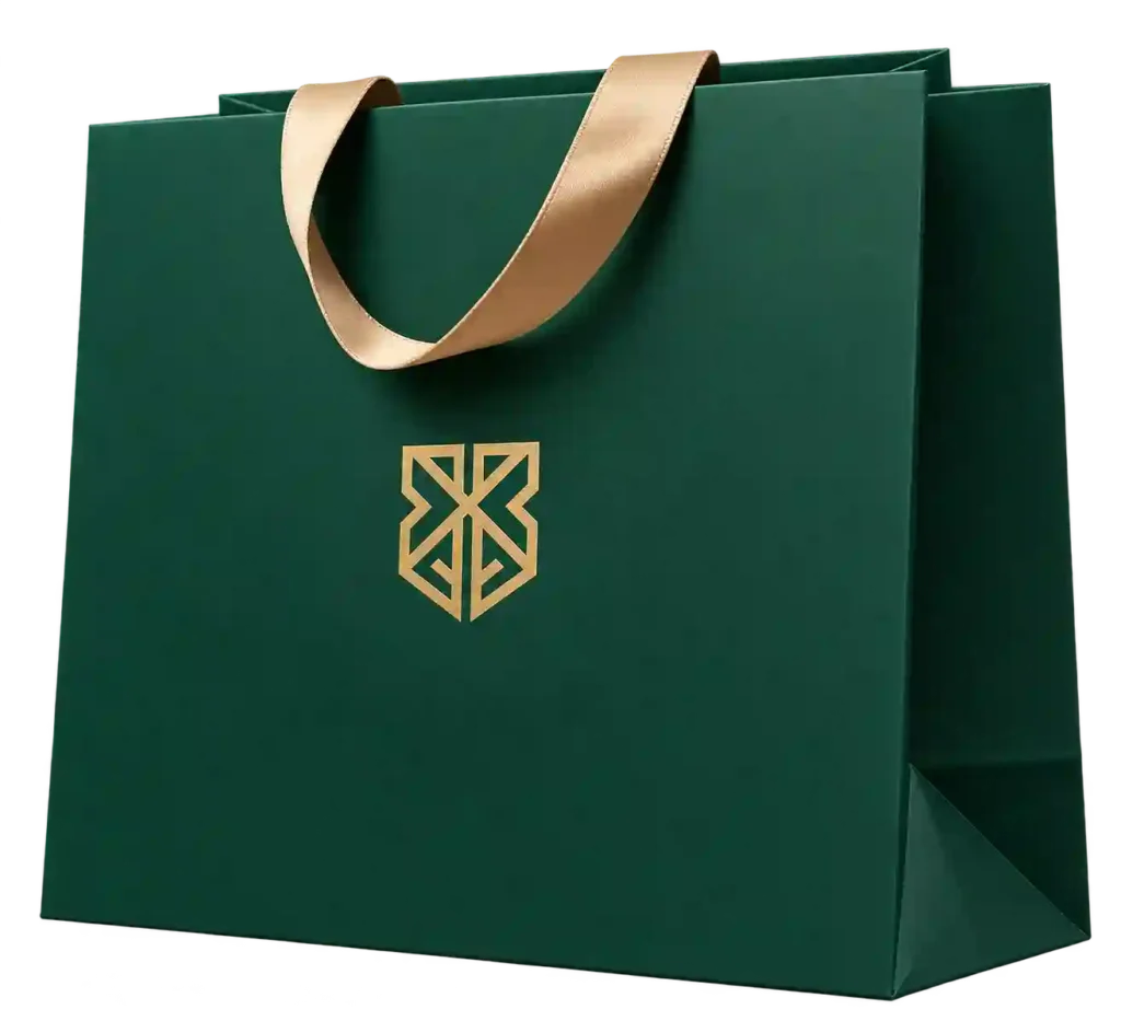 Green luxury paper bag for Handbag Printing Services in Riyadh.