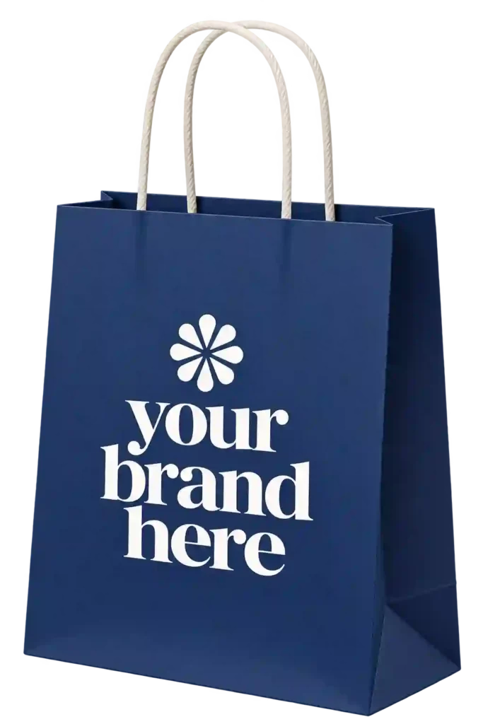Navy blue custom branded paper shopping bag.