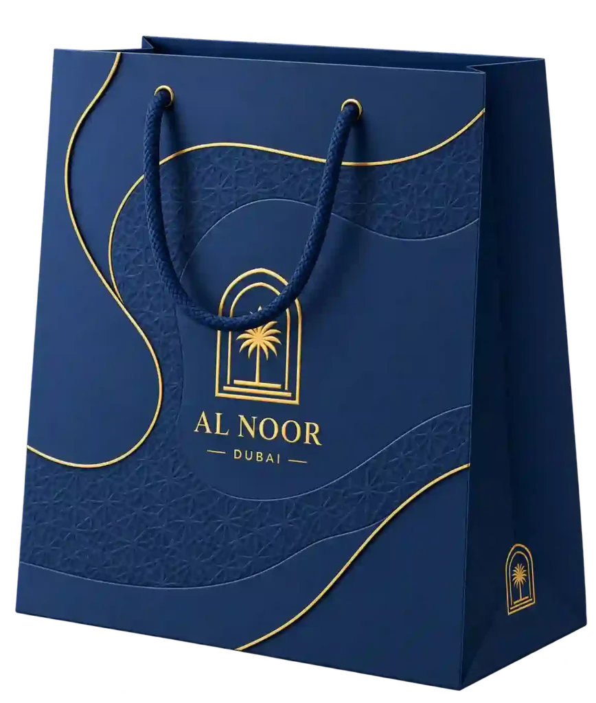 Navy blue luxury paper bag for Handbag Printing Services in Riyadh.