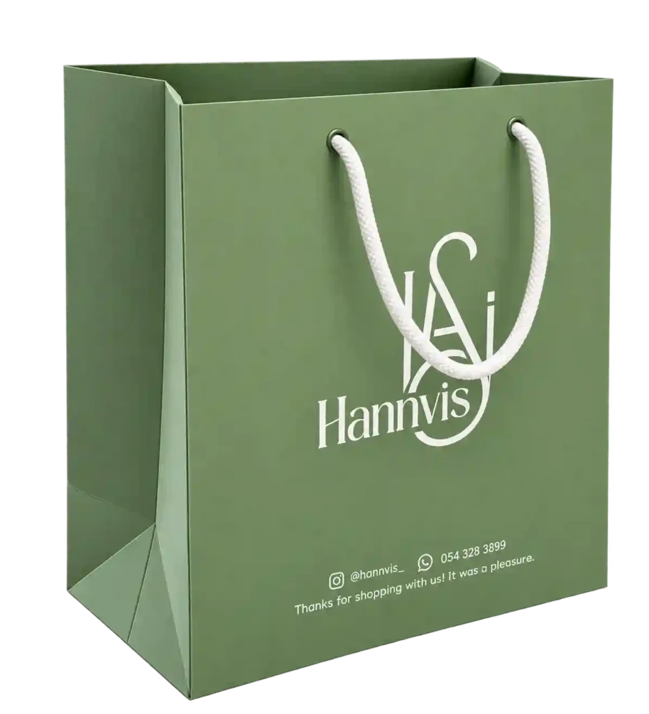 Olive green branded paper shopping bag with logo.