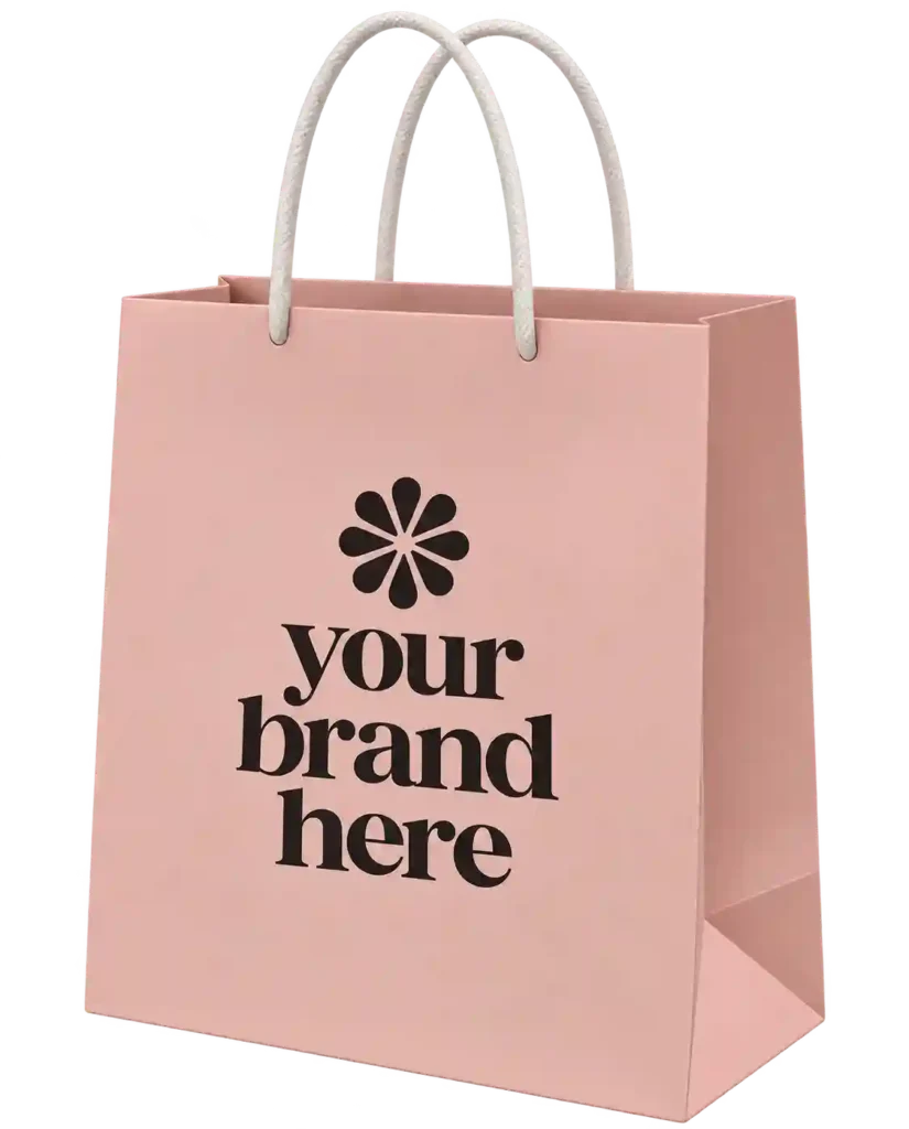 Pink boutique paper shopping bag with rope handles.