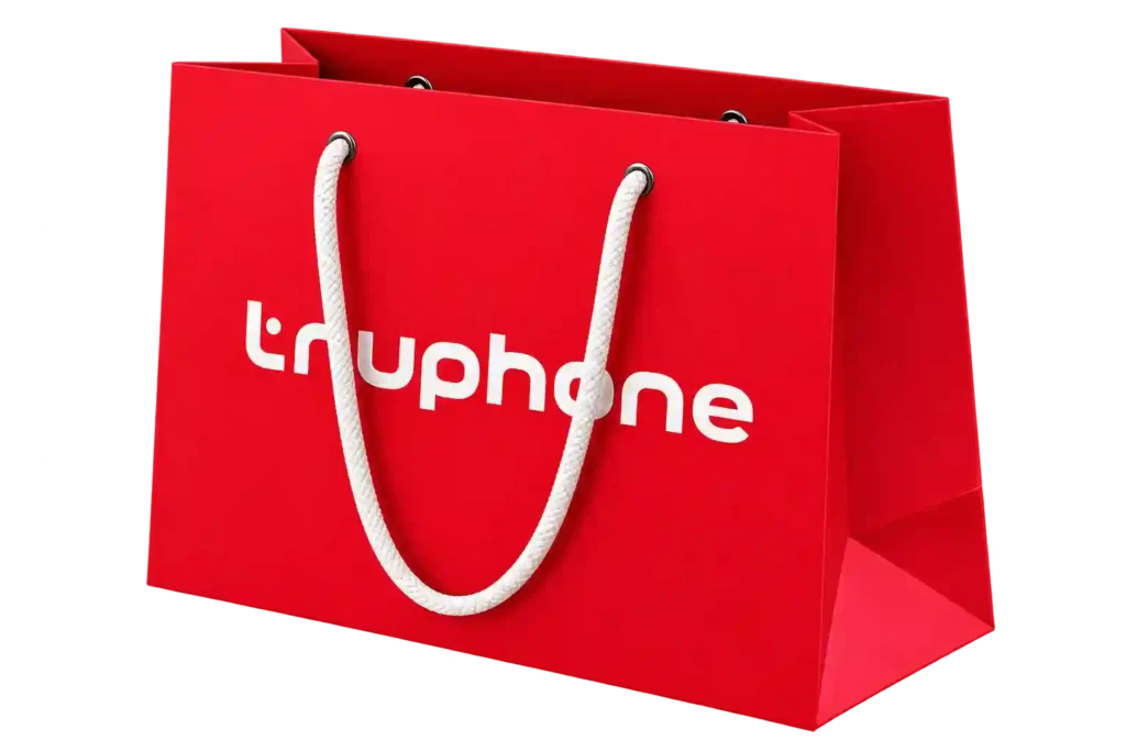 Red custom branded shopping bag from Handbag Printing Services in Riyadh.