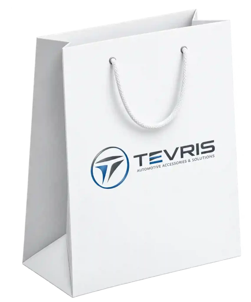 White branded paper shopping bag for Handbag Printing Services in Riyadh.
