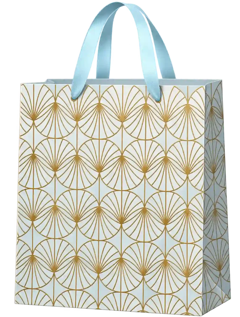 White patterned paper shopping bag with blue handles.