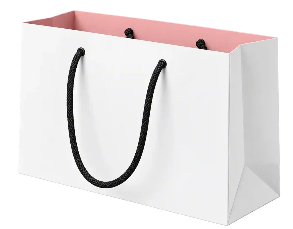 White paper shopping bag with black rope handles.